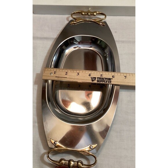 Kromex MCM Silver Serving Bar Tray Dish Platter Gold Metal Handles Mid Century - Picture 11 of 11